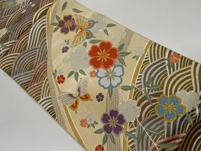 枝垂れ桜・蝶に波模様織出し全通袋帯